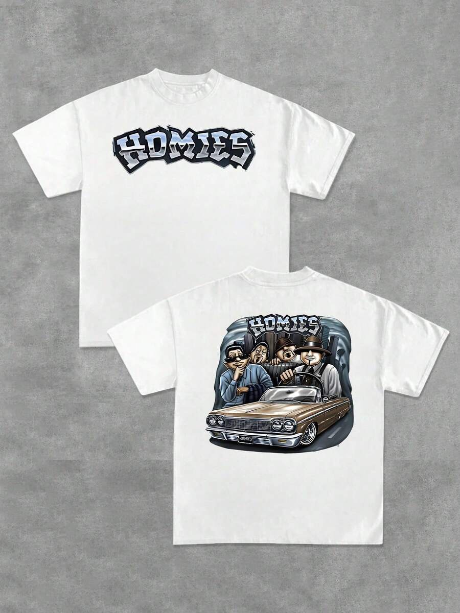 1pcs Men's Lowrider Car Homies Double Sided Printed T Shirt Retro Urban Street 220g Y2K Graphic T Shirt Hip Hop Chicano Style 100% Cotton Streetwear - 白色 - 查看 1