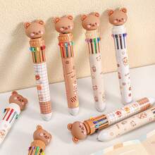Cute Bear Ten-In-One Multi-Color Ballpoint Pen Set, Press-Type Retractable Pens, Plastic Material, No Batteries Required, With Assorted Colors For Ages 14+, Daily Planner Writing Instrument