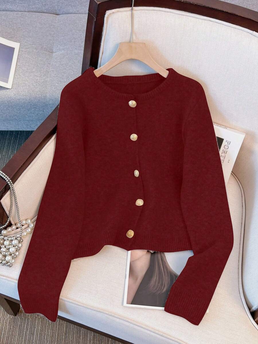 1pc Solid Color Front Button Round Neck Casual Loose Minimalist Metal Button Long Sleeve Sweater, Versatile Spring/Winter Tops For Women