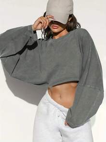 Stylish Oversized Cropped Sweatshirt For Women - Soft And Cozy Long Sleeve Top, Perfect For Casual Outings Or Layering -  Streetwear Fashion, Ideal For Fall And Winter Wardrobe - Available In Multiple Colors To Match Your Unique Style. -Light Grey Spring And Autumn All-Match Casual Basic Style, Playful And Tall - 淺灰 - 查看 4