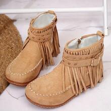 Fashion Tassel Boots, Fashionable Tassel Women's Short Boots And Ankle Boots, Winter Velvet Snow Boots, Rivet Decoration, Round Toe Flat Heel, Suitable For Casual Or Formal Occasions - Xám - Xem 3