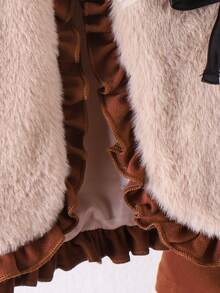 2pcs Young Girl Sweet Floral 3D Plush Long Sleeve Jacket And Solid Waist Dress Set, Autumn/Winter