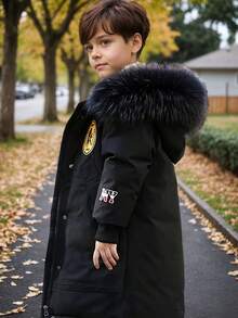 Boys' Fashionable Thickened Warm Winter Coats Casual Black Hooded Jacket With Embroidered Patches & Pockets, Long Sleeve, Suitable For Cold Weather - Black - View 1