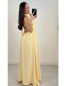 Women's Long Backless Simple Beach Dress None Fabric Backless / Backless Ruffled 019 Wedding Evening Beach Home Office Formal & Evening Travel Daily Birthday Party Summer - 黃色 - 查看 3