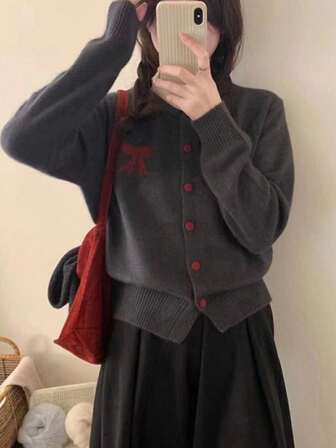 Kawaii Bow Button Up Knitted Cardigan, Spring Autumn