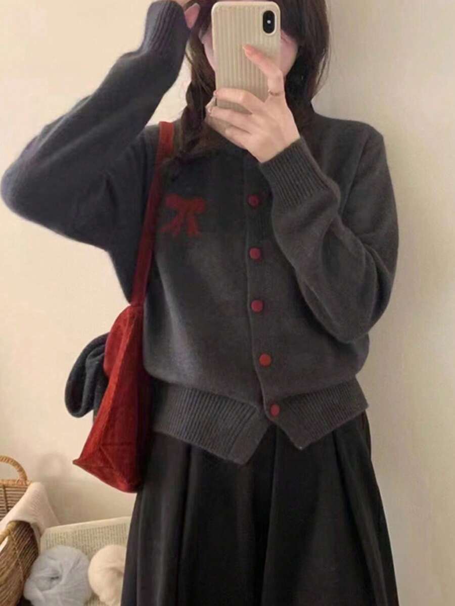 Cute Bow Button Knitted Cardigan, Suitable For Spring And Autumn - Charcoal Ash - View 1