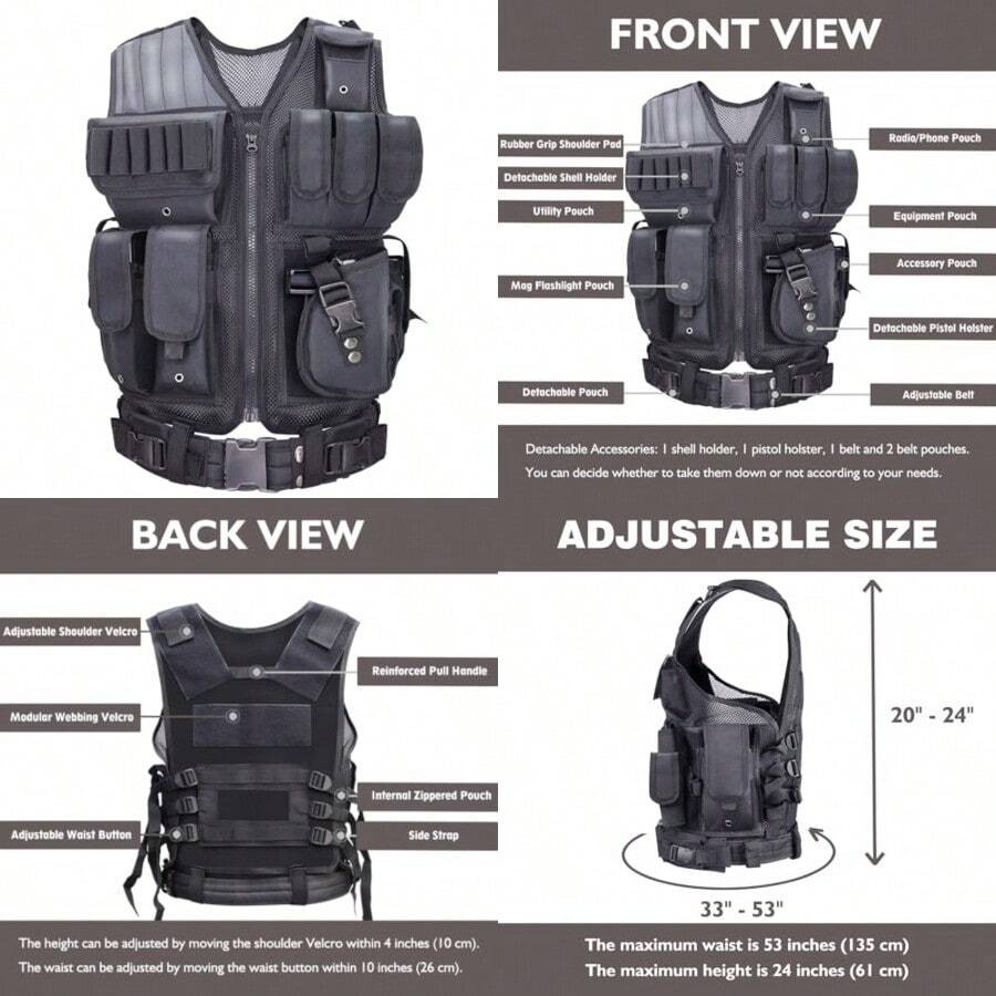 Airsoft Vest Adult Adjustable SXXXXL Tactical Vest For Men Lightweight Breathable 600D Nylon Youth Combat Vest For Paintball Training Black
