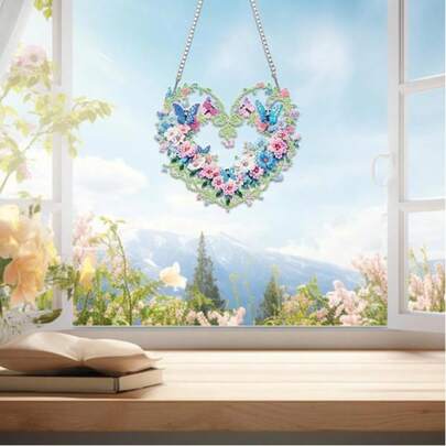 2D/Acrylic Diamond Art Hanging Sun Catcher - Butterfly Heart Floral Pattern, Vibrant Colors, Suitable For Living Room, Bedroom Or Entryway Coastal Wall Decor, Coastal Home Decor | Window Decor | Exquisite Craftsmanship, Butterfly Decor