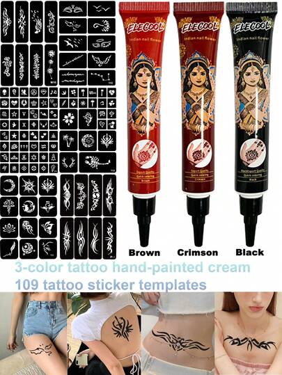 yikexuanli 3-Color Henna Tattoo Paste + Hollow Tattoo Template Set, Multiple Designs, Body Art Painting, Semi-Permanent Temporary Tattoo Kit, DIY Tattoo Template, Suitable For Men/Women Temporary Tattoo, Holiday Decoration