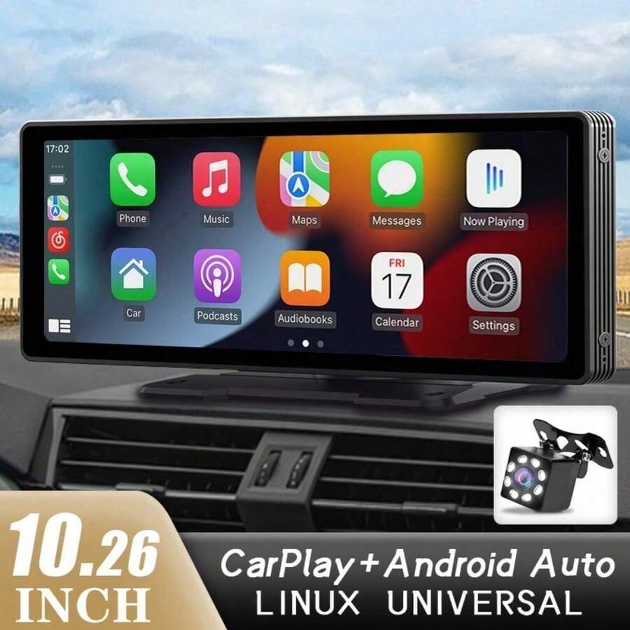 Reproductor multimedia para automóvil de 10.26 pulgadas, compatible con CarPlay inalámbrico y Android Auto inalámbrico, monitor de pantalla portátil universal para automóvil con cámara