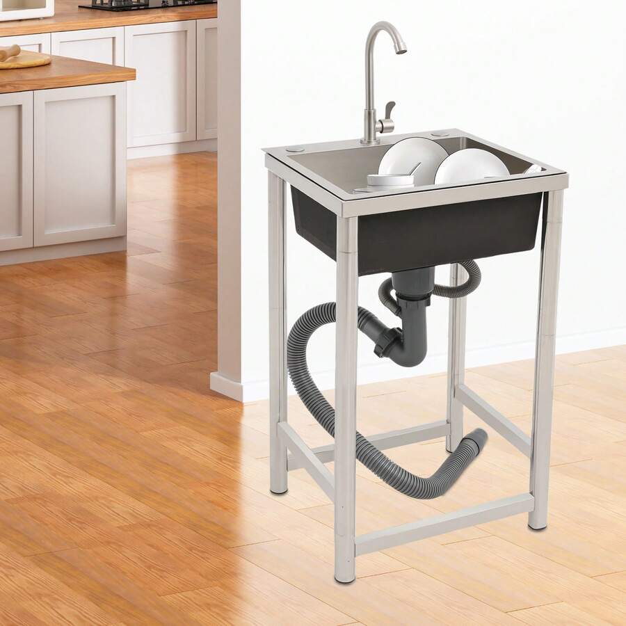 Stainless Steel Sink With Faucet,17.7*16*29.5in  Free Standing Utility Sink, Single Bowl Commercial Sink - Silver, Black - View 1