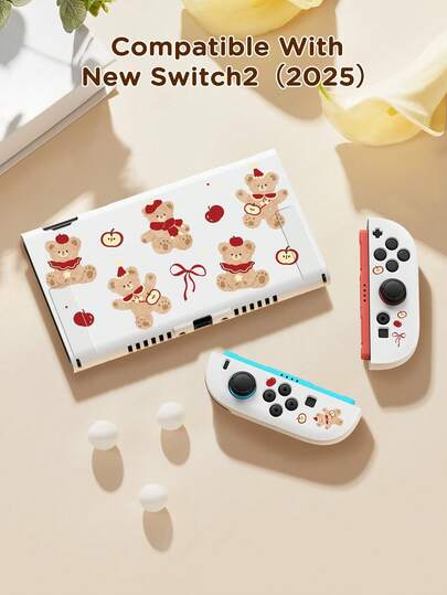 1 件圣诞节 & 苹果 & 泰迪熊图案兼容 Switch2/Switch NS/Switch OLED/Switch LITE 游戏机保护壳，新一代，TPU 软壳，通用游戏手柄保护套，Switch 控制器保护壳，Switch 游戏配件，防摔，防滑，Switch 玩家的最佳礼物，防刮，时尚