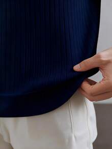 GRDR Men's Loose Thin Ribbed Polo Collar Knit Shirt, Short Sleeve, Summer - Navy Blue - View 7