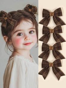 2 piezas Lazos de cabello a cuadros marrones para niñas Clips de cocodrilo Khaiki con lazo elegante forrado completamente con cola Accesorios de cabello diarios para niños y bebés en otoño e invierno