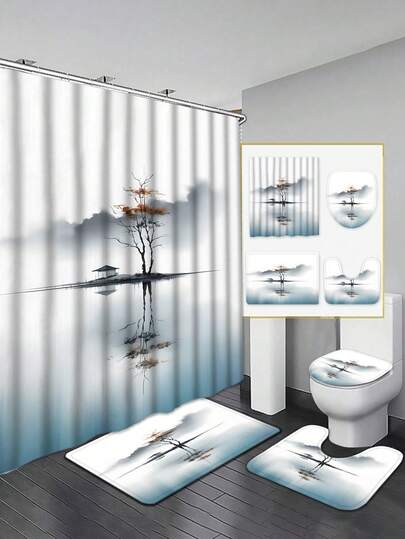 1/4 Stück Zen Natur Duschvorhang, chinesische Tuschemalerei Landschaft mit Bäumen & See, Digitaldruck, wasserabweisende Bad Dekoration, 180 x 180 cm