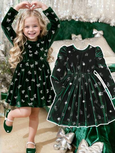 Sukienka z długim rękawem dla dziewcząt, kokarda, metaliczny nadruk, aksamitna tkanina, bufiaste rękawy, wiek 4-7, styl swobodny, codzienne noszenie