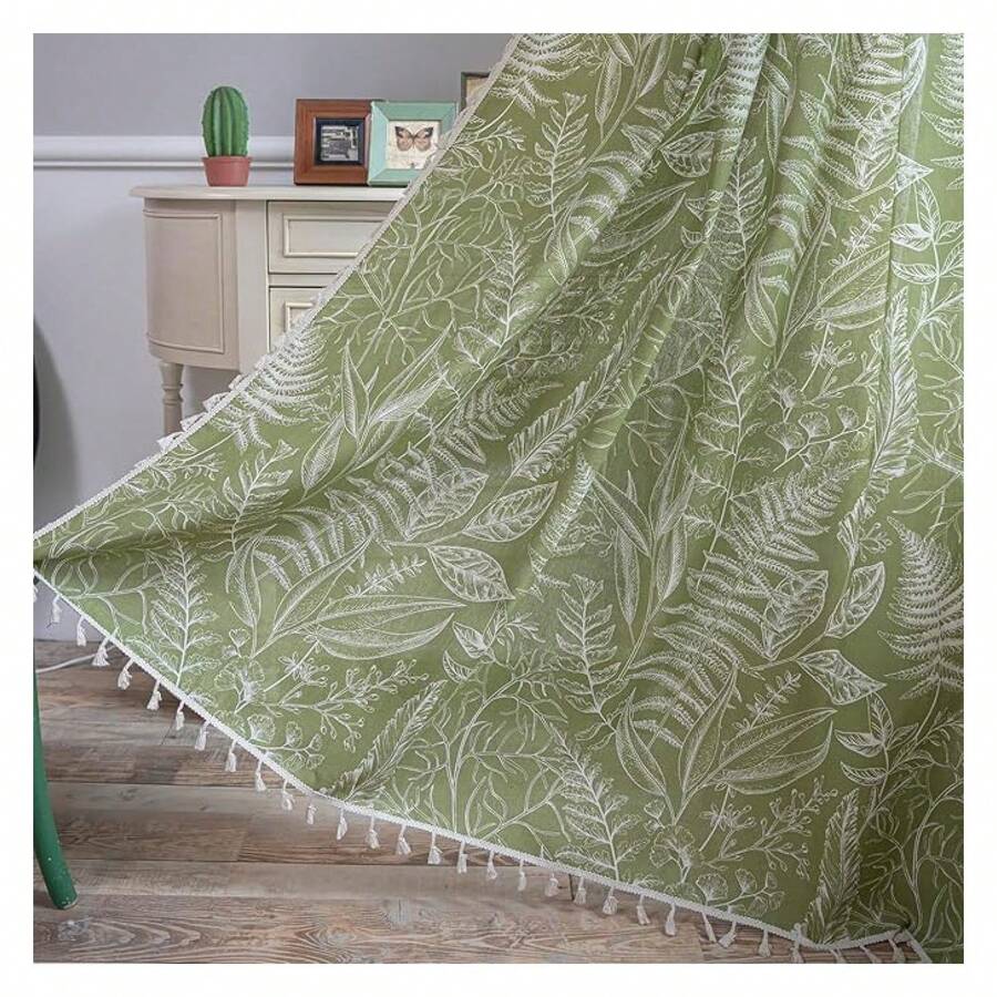 Leaves Curtains For Living Room 96 Inch, Semi Sheer Boho Drapes 2 Panels, Green Botanical Window Treatment, Rod Pocket Curtains For Bedroom, Farmhouse Tassel - 多色171 - 查看 1