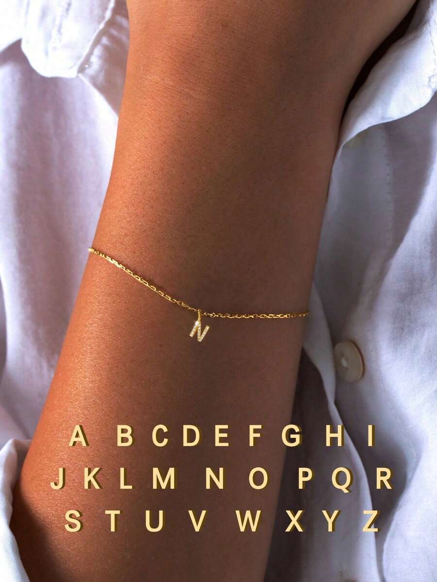 1PC S925 Sterling Silver Bracelet 26 Initial Letters A-Z Bracelet For Bestie Women Girls Daily Dressing Up Gift For Mom, Sisters, Girlfriend, Christmas Gift - Gold - View 1