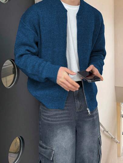 Męski prosty, jednokolorowy, luźny, swobodny sweter z długim rękawem, zapinany na zamek, dzianinowy kardigan, jesień/zima