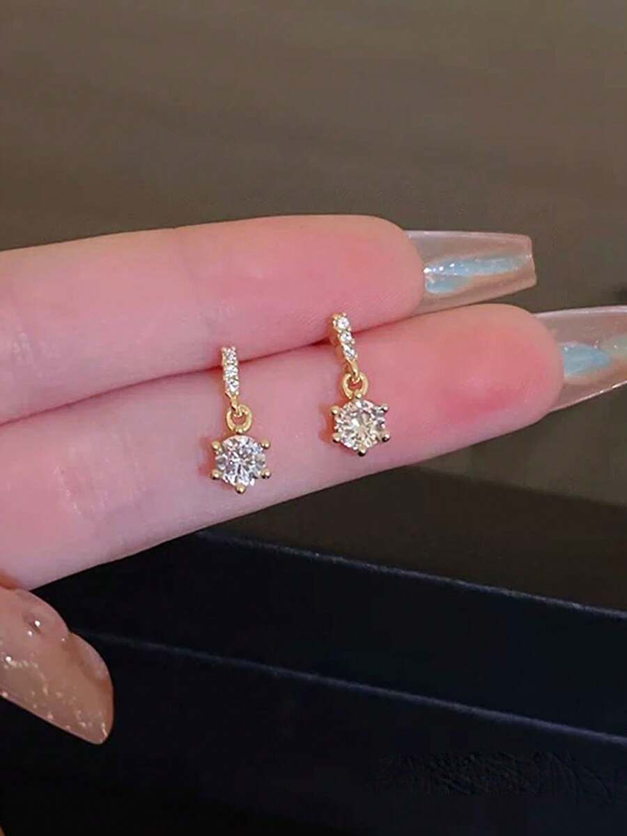 A Pair Of Sterling 925 Silver Exquisite Elegant Fashionable Round Cubic Zirconia Ear Drop Earrings For Women Daily Wearing Friendship Birthday Jewelry Gift