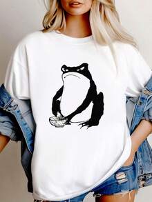 180g pure Cotton Matsumoto Hoji Japanese Angry Frog Toad Funny Art Drawing Gamer Cult Meme Movie Music Gift Tee T Shirt C2352 Breathable Women Top Graphic Tees Slightly T-Shirt For Women Casual designer clothes Soft Casual fashion Print Round Neck Short Sleeve - Blanco - Ver 2