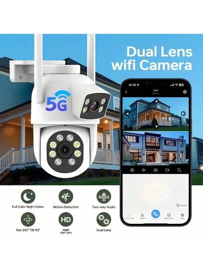 2.4/5Ghz Dual Lens Outdoor Camara Vigilancia, Security Camera ,Cctv Wifi Connect To Cellphone,355° PTZ, Motion Detection Two Way Audio,USB Powered ,Support Cloud Storage SD Card (Requires Purchase)