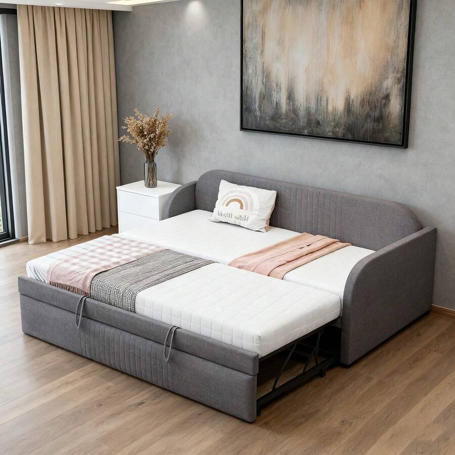 Pull-Out Sofa Bed 90-180x190cm: Multifunctional Upholstered Bed With Vertical Striped Design And Slatted Frame, Grey Linen Fabric (Mattress Not Included) - Grey + Upholstered + 90cm*190cm-2 - View 1