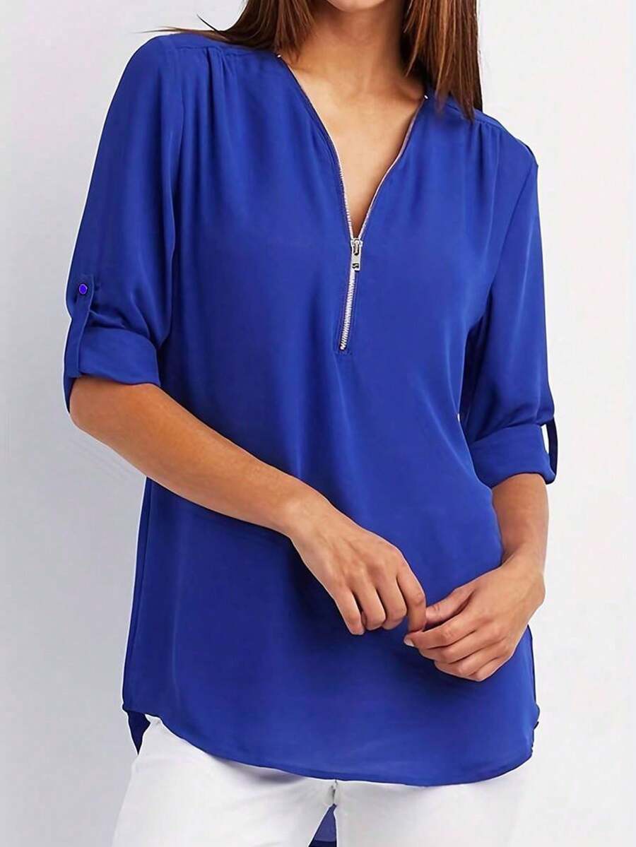 Women's Casual Long Sleeve Partial Open Front Shirt - Blue - View 1