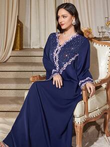 Elegant V-Neck Rhinestone Embellished Loose Long Robe Dress, Long Sleeve - Navy Blue - View 3