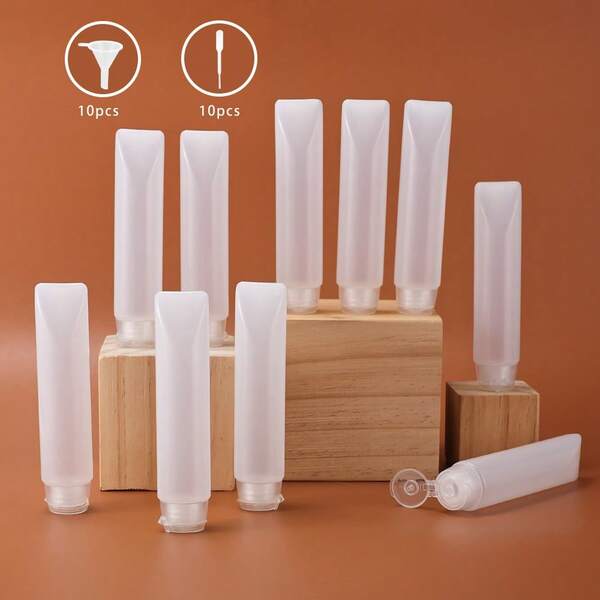 10 قطع أنابيب بيضاء شفافة قابلة للضغط بسعة 50 مل مع 10 قمع و 10 قطارات - حاويات قابلة لإعادة التعبئة بحجم السفر للكريمات والمراهم والسيروم والأساس ومستحضرات التجميل DIY
