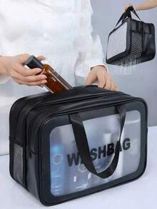 1 pièce Sac de toilette noir en PU à séparation sèche et humide, transparent et imperméable, à double couche, grande capacité, multifonction, sac de rangement pour le maquillage, sac de sport et de natation portable pour hommes et femmes