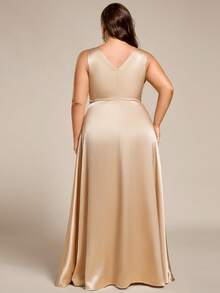 Elegant Sage Green V-Neck Satin Sleeveless V Neck Maxi Champagne Bridesmaid Dresses Formal Dresses - Champagne - View 2