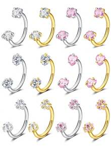 3件套 316L医用钢马蹄形鼻环，18G螺旋鼻环，男女通用，双水晶马蹄形鼻钉，也可用于鼻中隔、唇部、眉部、耳软骨，银色和金色鼻环，半环耳环，马蹄形耳软骨环，螺旋耳钉，双宝石马蹄形鼻中隔环，8毫米 - 套裝1 - 查看 2
