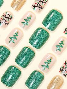 用 24 件短指甲表达您的爱意圣诞指甲美丽而优雅的绿色圣诞树金色星星彩色圣诞装饰灯绿色指甲时尚金色闪光银色闪光金色假指甲全覆盖假指甲套装适合女性和女孩包括美甲沙龙用 1 块果冻凝胶和 1 个锉刀 Stri 果冻凝胶随机发货