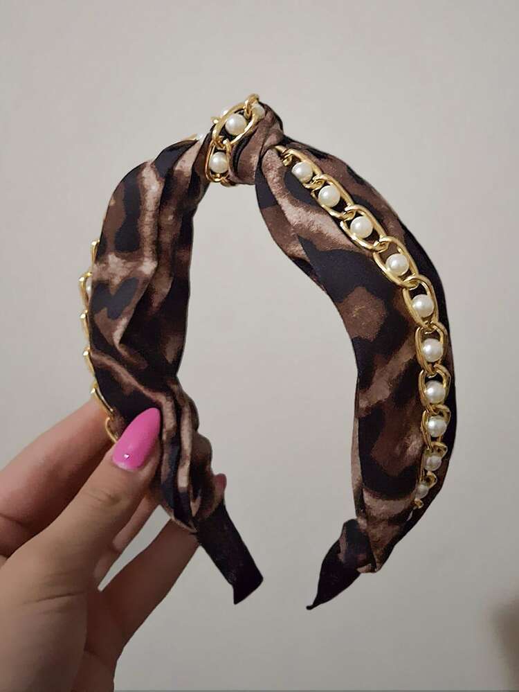 1pc Wide Knotted Leopard Print Pattern Faux Pearl Chain Headband Vintage Fabric Cross Knot Headband For Women, All-Match Hair Band Elegant,School,Hairband,Hair Hoop Headbands Hair Accessories Head Accessories