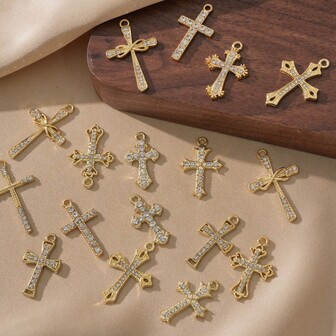10/20 pezzi Accessori gioiello alla moda con pendente a croce in lega di zinco con strass completo, per orecchini, collane, bracciali