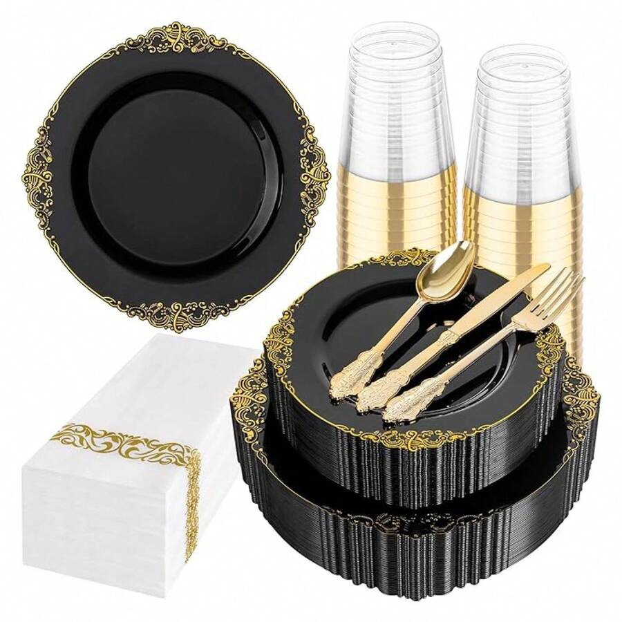 Black Plastic Plates Disposable - 175pcs Party Supplies For 25 Guests - 如圖/K - 查看 1