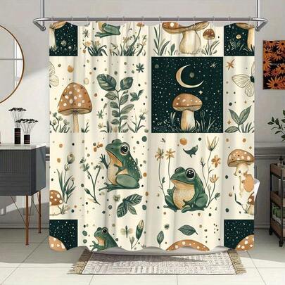 1 Piece Natural Style Shower Curtain - Cartoon Frog And Mushroom Night Sky Moon Pattern, Vintage Style Polyester Fabric With Green Plant Leaves On Cream Background, With 12 Hooks, Bathroom Decoration, Elegant Shower Curtain, Fantasy Bathroom, Vintage Showe