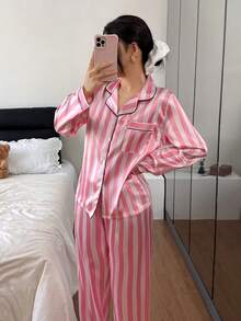 2pcs Women Satin Striped Long Sleeve Collar Pocket Shirt And Pants Pajama Set, Suitable For Women Sleepwear And Loungewear All Season