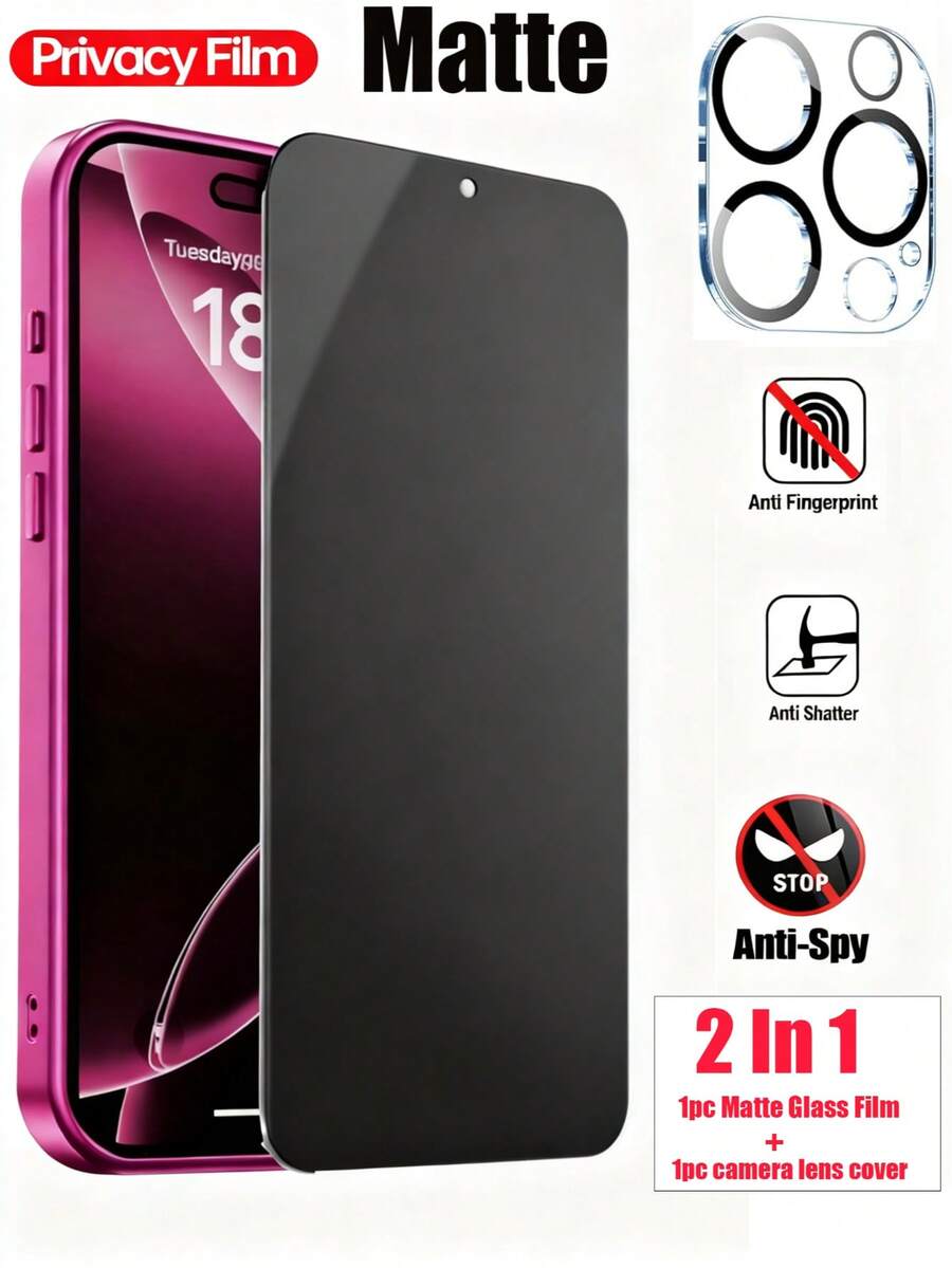 2pcs/Set Matte Privacy Screen Protector Compatible With Iphone(1PC) + 3D Camera Lens Protector(1PC), Providing Double Protection, Frosted Anti-Spy, Frosted Anti-Peeping, Protecting Privacy, Full Coverage Compatible With Iphone 17/16 Pro Max Series - 1+1 - View 1
