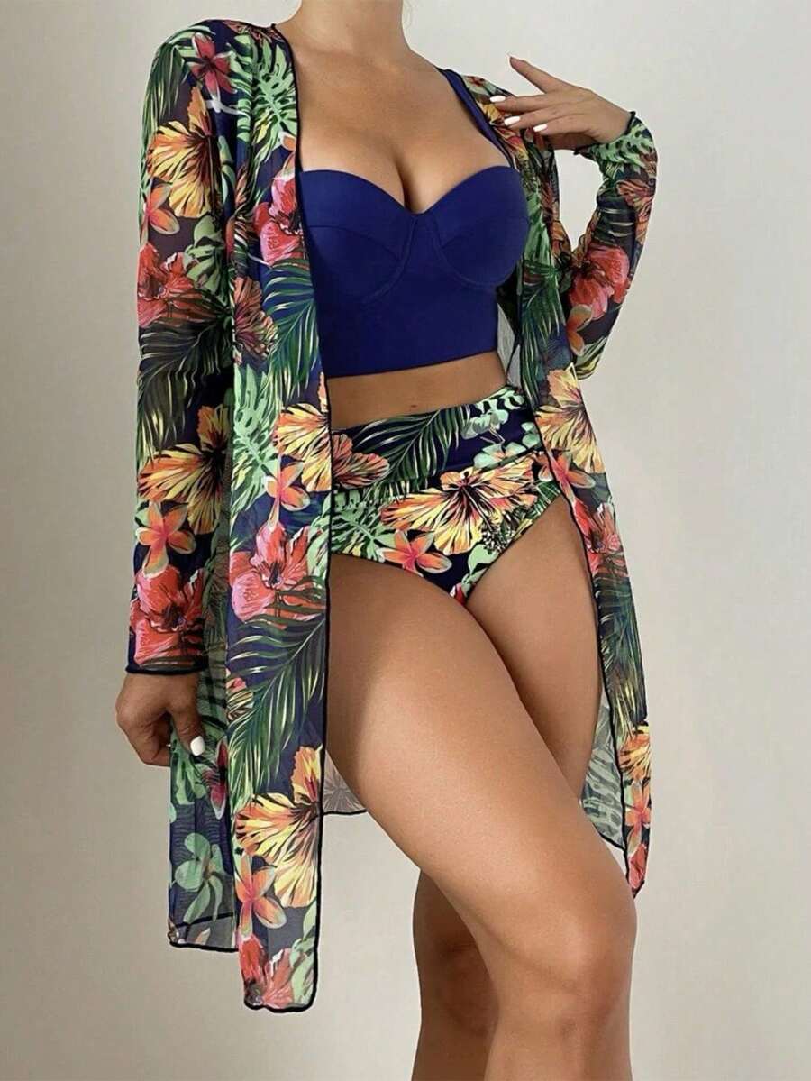 Women's Bikini Swimsuit Set + Kimono Beach Cover Up, 3 Plant Print Bikini And Kimono Sets For Summer At The Beach - Blue - View 1