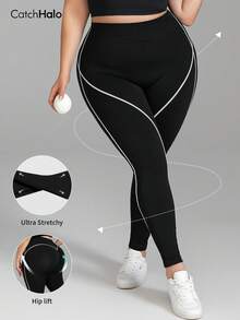 Plus Size Women's Tight Compression Leggings, Seamless Design, Contrast Trim, Spandex Fabric, Butt Lifting, High Elasticity Sports Black Fall - Black - View 11
