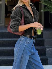 Áo khoác cardigan dệt kim tay dài, cổ bẻ, khóa kéo, kiểu dáng thường ngày, phù hợp cho nữ, mùa Thu/Đông của Senya. - Màu xám đen - Xem 3