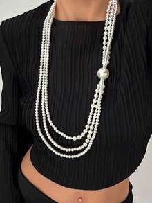 1PC Baroque Geometric Pearl Beaded Collarbone Chain, Retro Tassel Multi-Layered Long Necklace