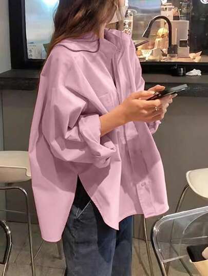 Women's Casual Solid Color Mandarin Collar Shirt