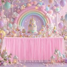 6FT Length White Tulle Table Skirt Rectangle Round Tables 2 - Layer Ruffle Tulle Tutu Cloth Desk Table Skirt Shower Birthday Party Wedding Cake Dessert Decorations