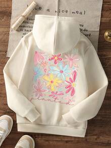 1件少女休闲印花套头卫衣，保暖内衬，长袖，秋冬季学生服装 - 杏色 - 查看 3