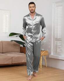 BigKing Men's Silk Satin Pajama Set, Soft Long Sleeve Button Down Pyjama Set - White - View 7