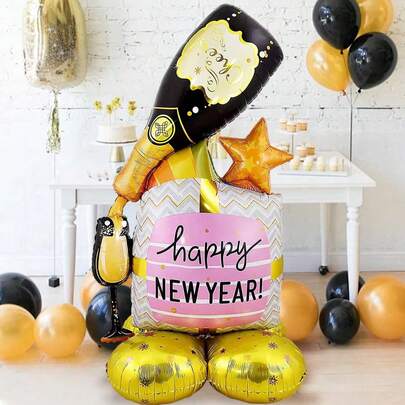 1 个 3D 底座香槟黑色铝箔气球，适用于 2026 年新年派对装饰、新年家庭聚会氛围摄影道具、2026 年新年快乐、主题派对装饰、新年派对用品、圣诞新年主题、除夕派对、酒吧装饰