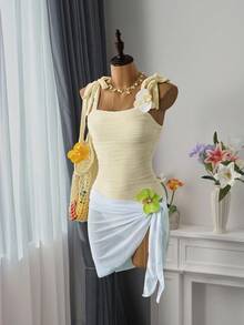 Bellisia Summer Beach Solid Tie Shoulder One Piece Swimsuit Bathing Suit One Piecebathing Suit